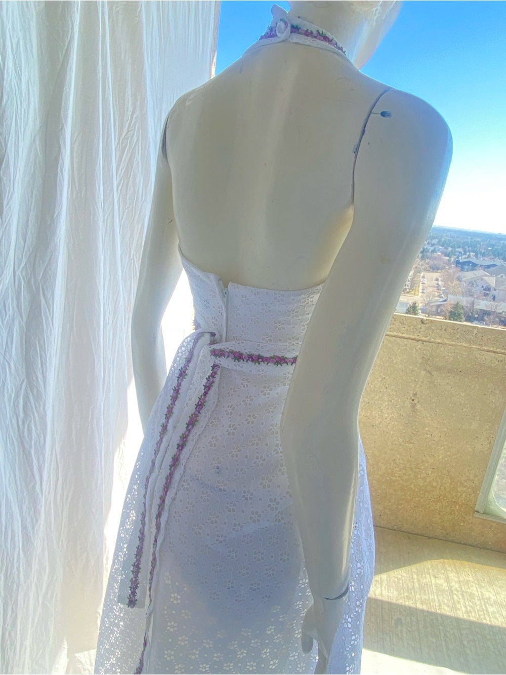 White Eyelet Halter Maxi Dress Cottagecore Prairie Summer - Picture 3 of 7